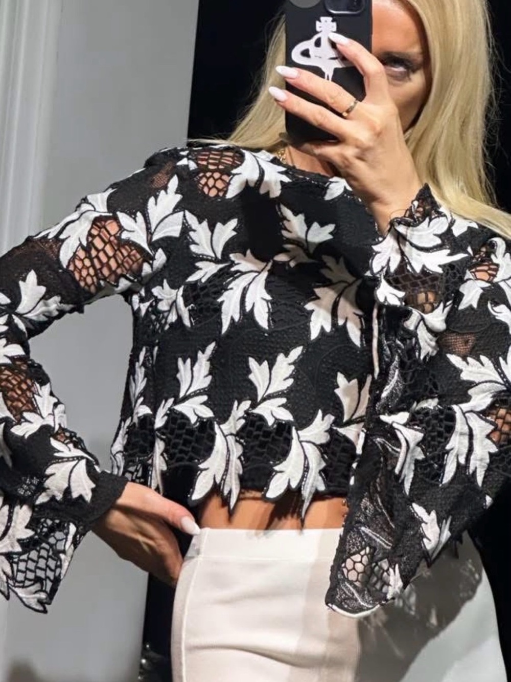 Black & White Floral Guipure Lace Bell Sleeve Cropped Blouse / Jacket